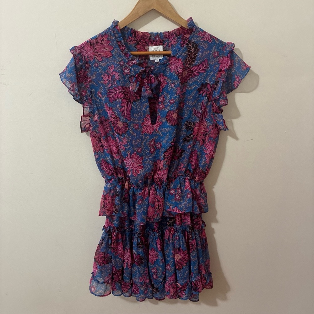 MISA Los Angeles Tiered Mini Dress Lilian Blue/Pink Night Blooms Size Medium